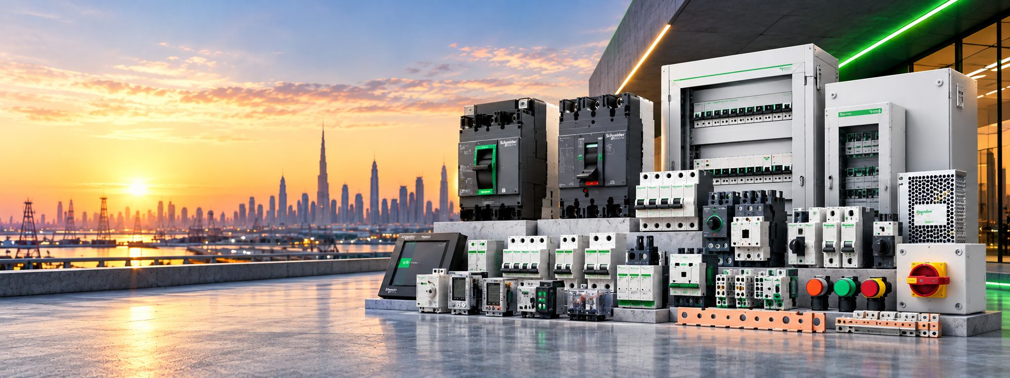 Low-voltage switchgear and circuit breakers displayed against the Dubai skyline at sunset